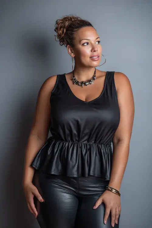 A plus-size woman in a sleeveless peplum top paired with faux leather leggings and bold accessories, styled for a sleek and confident summer going-out look 