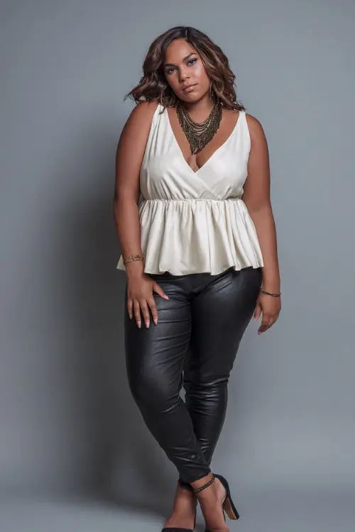 A plus-size woman in a sleeveless peplum top paired with faux leather leggings and bold accessories, styled for a sleek and confident summer going-out look