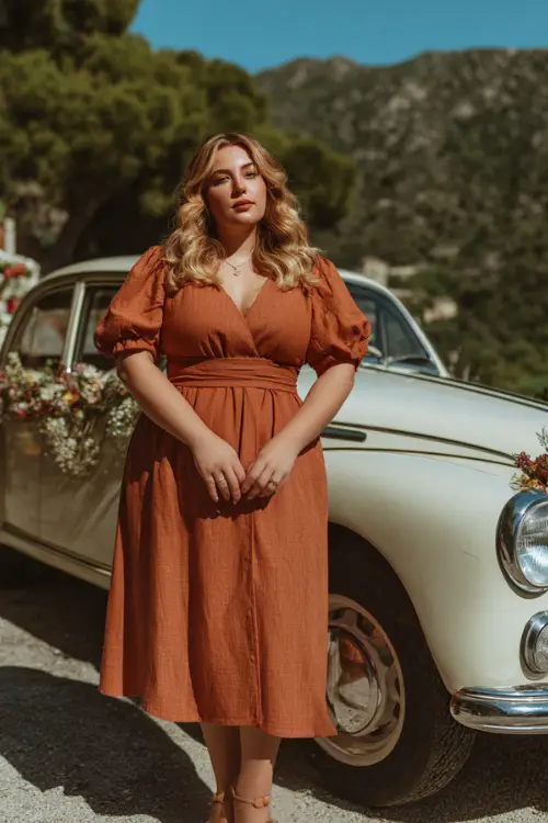 A plus-size woman in a terracotta midi dress with puff sleeves and neutral sandals, posing near a vintage car decorated with florals for a summer wedding 