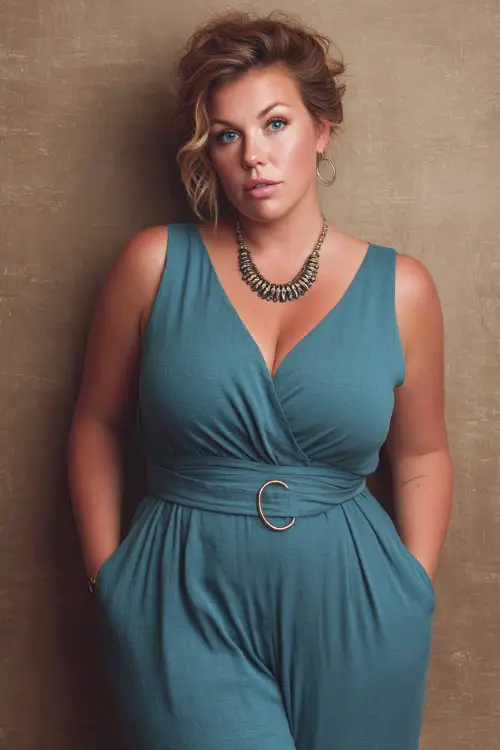 A plus-size woman in a wide-leg jumpsuit with a belted waist and statement necklace, styled for an elegant yet relaxed summer evening, simple studio background
