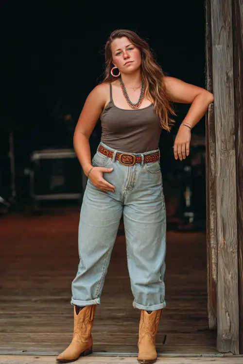 A plus-size woman in cropped jeans with raw hems, a sleeveless peasant top, and tan cowboy boots, accessorized with a leather belt and beaded earrings 