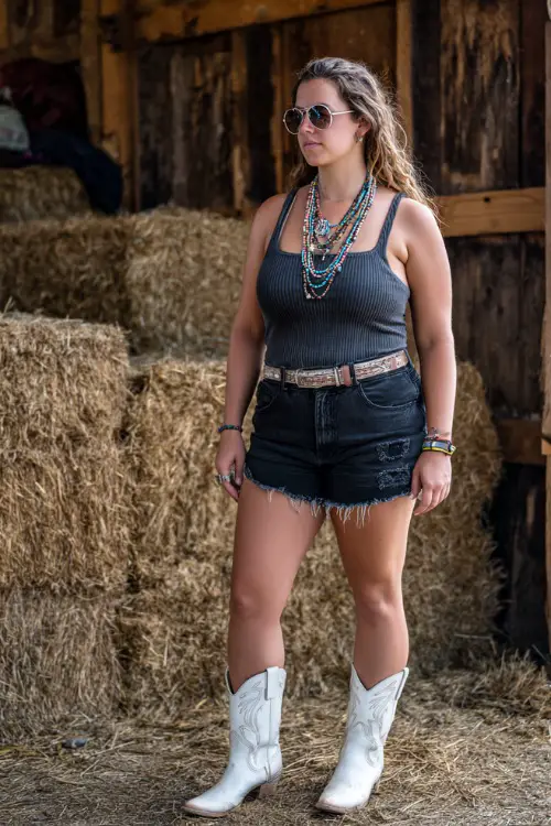 A plus-size woman in frayed black denim shorts, a sleeveless ribbed top, and white cowboy boots, accessorized with layered necklaces and aviator sunglasses