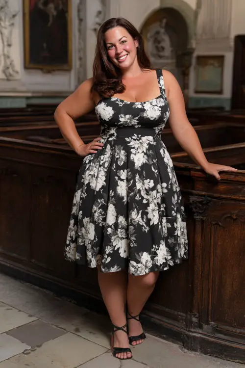 A plus-size woman over 50 in a black and white floral tea-length dress with a square neckline and ankle strap heels, posing at a vintage-themed wedding venue