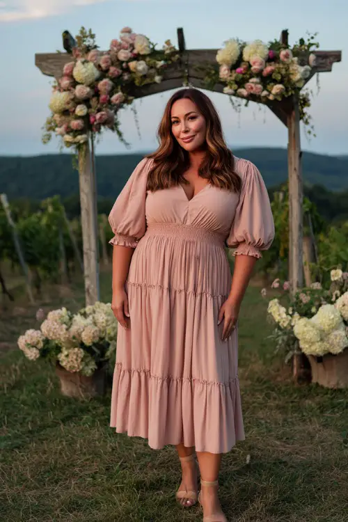 A plus-size woman over 50 in a blush pink midi dress with tiered ruffles and puff sleeves, posing beside a flower arch in an outdoor vineyard ceremony 