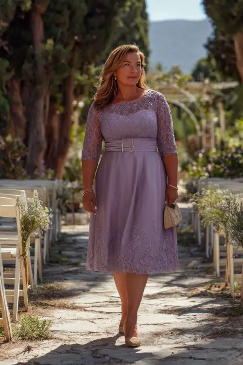 A plus-size woman over 50 in a dusty lavender A-line dress with elbow-length lace sleeves and low heels, walking down a garden aisle lined with white chairs 