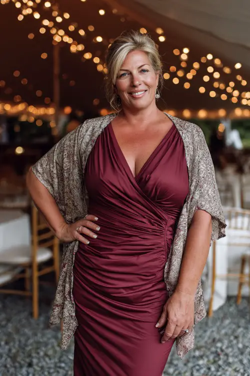 A plus-size woman over 50 in a fitted burgundy wrap dress with ruched details and a soft shawl, posing in front of a wedding reception tent with string lights 