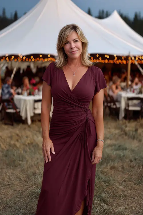 A plus-size woman over 50 in a fitted burgundy wrap dress with ruched details and a soft shawl, posing in front of a wedding reception tent with string lights 