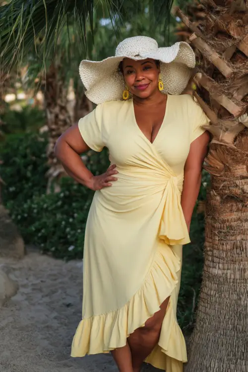 A plus-size woman over 50 in a pastel yellow wrap midi dress with ruffled hem and a wide-brim hat, posing under palm trees at a beach wedding 