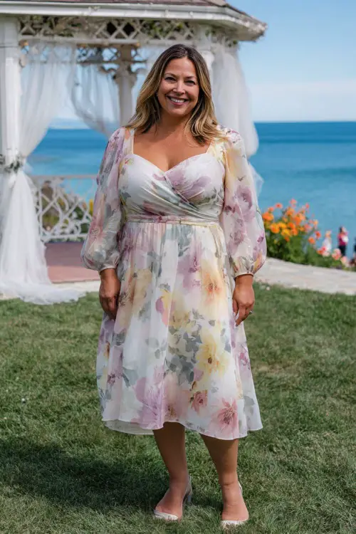 A plus-size woman over 50 in a white and pastel floral midi dress with puff sleeves and ballet flats, standing near a gazebo draped in tulle at a lakeside wedding 