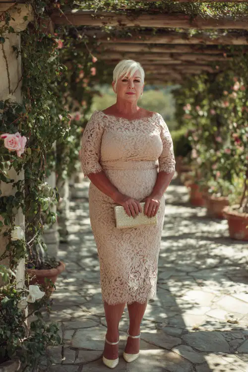 A plus-size woman over 50 wearing a champagne lace midi dress with a scalloped hem and delicate clutch, standing under a rose-covered pergola at an outdoor wedding 