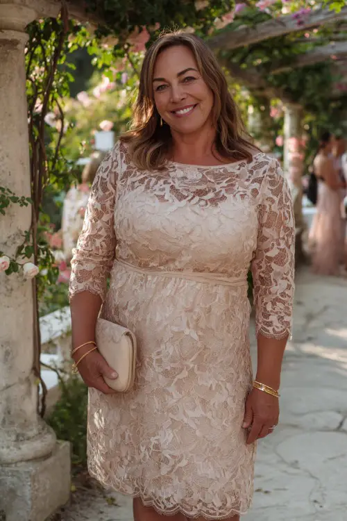 A plus-size woman over 50 wearing a champagne lace midi dress with a scalloped hem and delicate clutch, standing under a rose-covered pergola at an outdoor wedding 