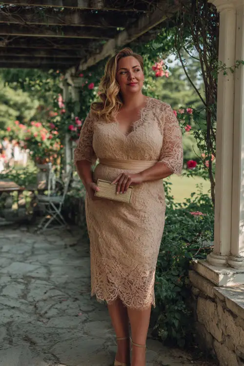 A plus-size woman over 50 wearing a champagne lace midi dress with a scalloped hem and delicate clutch, standing under a rose-covered pergola at an outdoor wedding