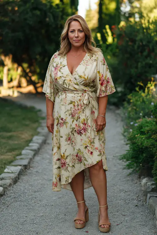 A plus-size woman over 50 wearing a flowy floral print wrap dress with flutter sleeves and wedge sandals, standing on a sunlit garden path at a summer wedding 