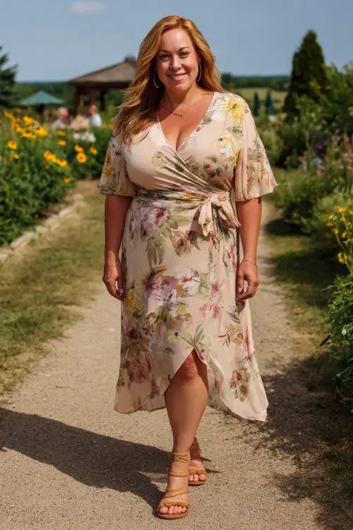 A plus-size woman over 50 wearing a flowy floral print wrap dress with flutter sleeves and wedge sandals, standing on a sunlit garden path at a summer wedding