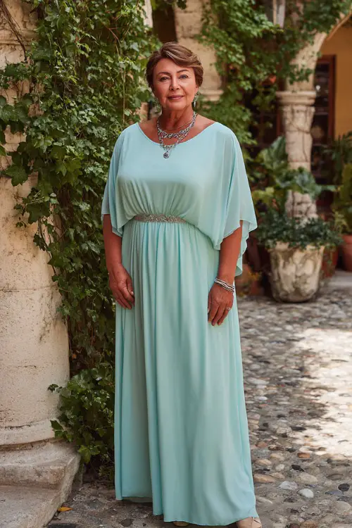 A plus-size woman over 50 wearing a light blue chiffon maxi dress with flutter sleeves and silver jewelry, standing in a romantic courtyard with ivy-covered walls