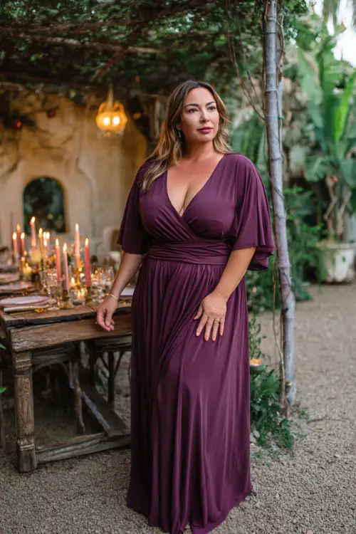 A plus-size woman over 50 wearing a plum-colored maxi dress with a V-neck and flutter sleeves, standing by a candlelit reception table in a garden setting 