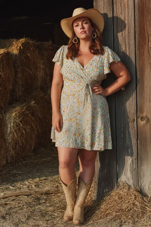 A plus-size woman wearing a floral wrap midi dress with flutter sleeves and tan cowboy boots, accessorized with hoop earrings and a straw hat 