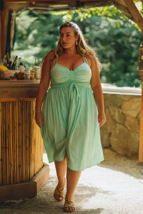 A plus-size woman wearing a mint green smocked sundress with tie straps and woven sandals, walking near a wooden bar setup for an outdoor summer wedding 