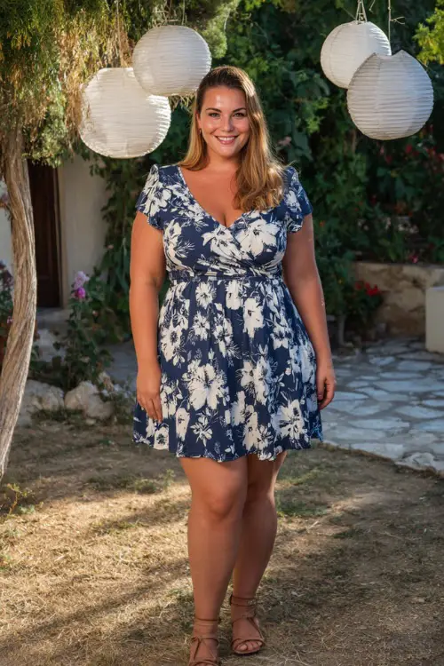 A plus-size woman wearing a navy and white floral A-line dress with short sleeves and wedges, standing near hanging lanterns at a casual summer wedding reception