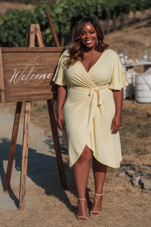A plus-size woman wearing a pastel yellow wrap dress with flutter sleeves and strappy heels, standing beside a wooden wedding sign at a vineyard ceremony 