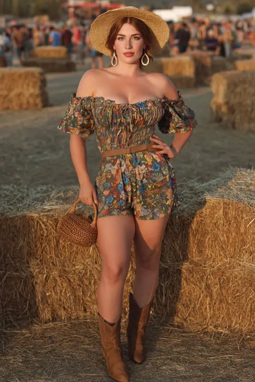 A plus-size woman wearing a printed off-shoulder romper with suede ankle boots and a straw hat, accessorized with hoop earrings and a woven purse 