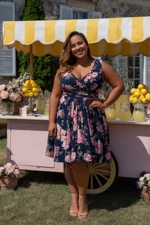A plus-size woman wearing a sleeveless navy and pink floral wrap dress with tan heels, standing beside a lemonade stand set up at a summer wedding 