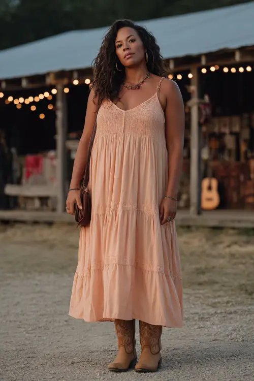 A plus-size woman wearing a sleeveless tiered maxi dress in soft peach tones, styled with tan western boots and a leather crossbody bag 