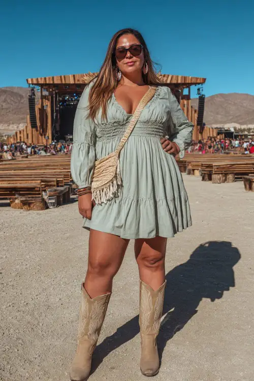 A plus-size woman wearing a smocked ruffle mini dress in sage green with tan western boots, accessorized with a fringe bag and small hoop earrings 