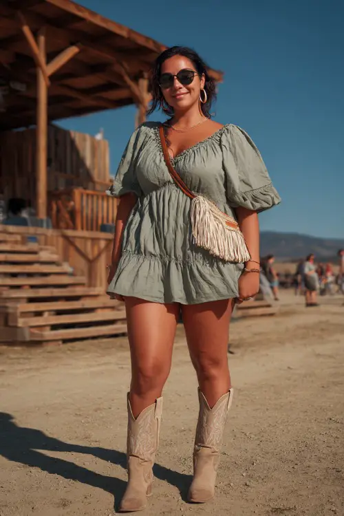 A plus-size woman wearing a smocked ruffle mini dress in sage green with tan western boots, accessorized with a fringe bag and small hoop earrings 