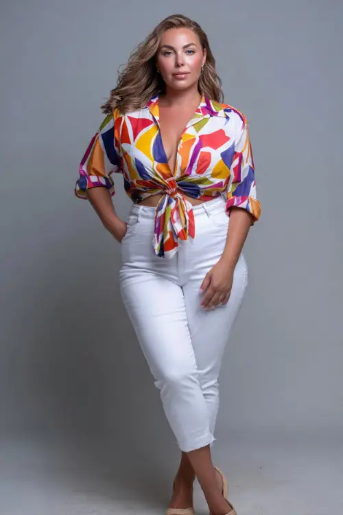 A plus-size woman wearing a tie-front printed blouse with white cropped jeans and wedge espadrilles, styled for a vibrant summer evening, simple studio background