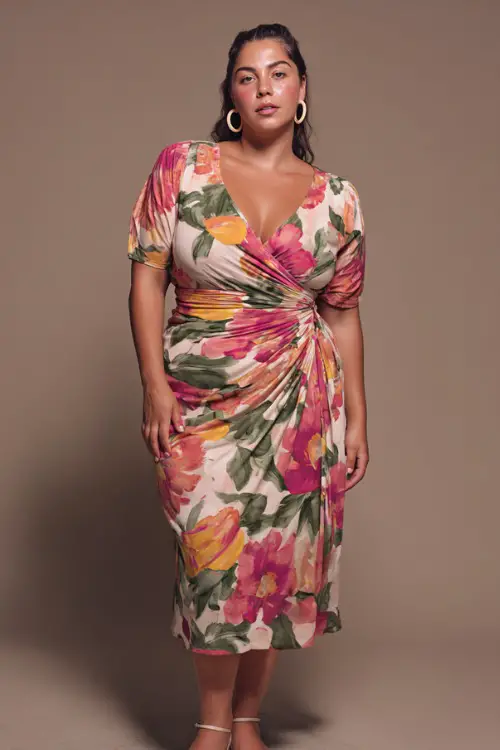 A plus-size woman wearing a wrap midi dress in bold floral print with wedge sandals and hoop earrings, styled for a summer evening out, simple studio background 