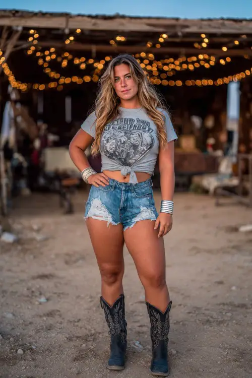 A plus-size woman wearing frayed denim shorts, a knotted graphic tee, and black cowboy boots, accessorized with silver bangles and a small crossbody bag 