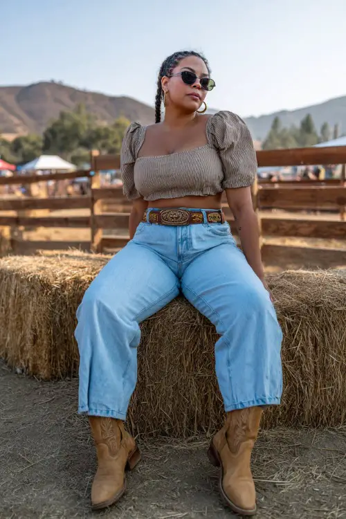 A plus-size woman wearing wide-leg light wash jeans, a tucked-in crop top with puff sleeves, and tan cowboy boots 