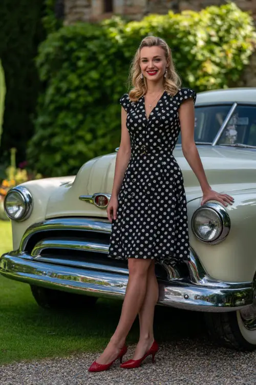 A woman in a black and white polka dot cocktail dress with cap sleeves and red heels, smiling beside a classic vintage car parked at a garden wedding 