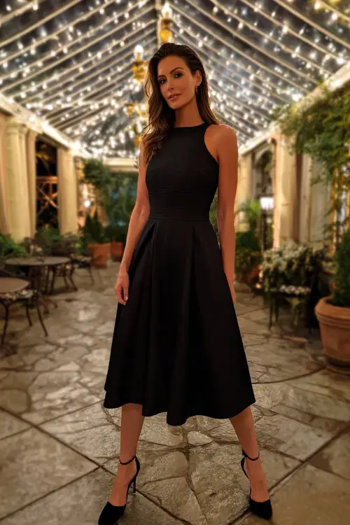 A woman in a black sleeveless fit-and-flare midi dress with a structured bodice and patent heels, posing under a string-lit canopy at an upscale wedding reception 