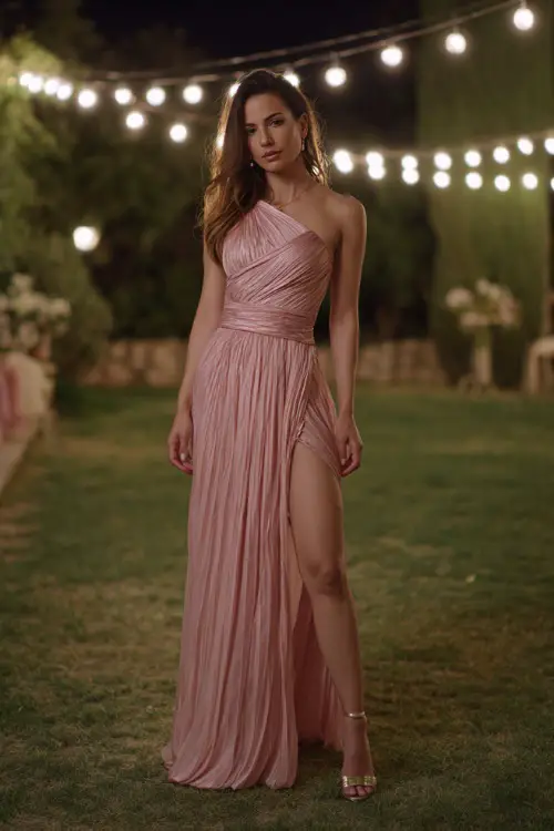 A woman in a blush pink one-shoulder formal gown with pleated details and metallic heels, standing under string lights at a glamorous garden wedding 