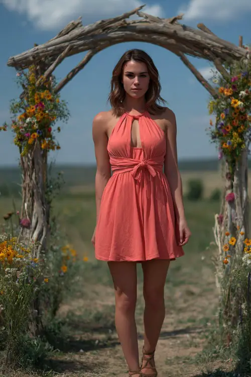 A woman in a coral sleeveless A-line dress with a soft waist tie and woven sandals, standing beside a rustic wooden wedding arch decorated with wildflowers 
