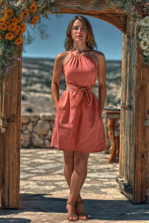 A woman in a coral sleeveless A-line dress with a soft waist tie and woven sandals, standing beside a rustic wooden wedding arch decorated with wildflowers 