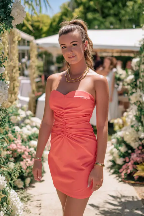 A woman in a coral sleeveless mini dress with a gathered waist and gold jewelry, walking through a sunny garden wedding venue with white floral arrangements 