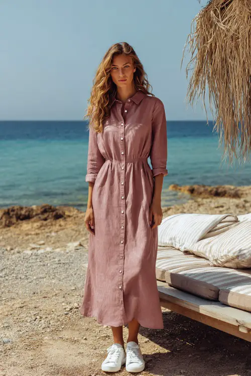 A woman in a dusty rose linen blend dress with a button-down front and white sneakers, standing beside picnic-style seating at a casual summer wedding 