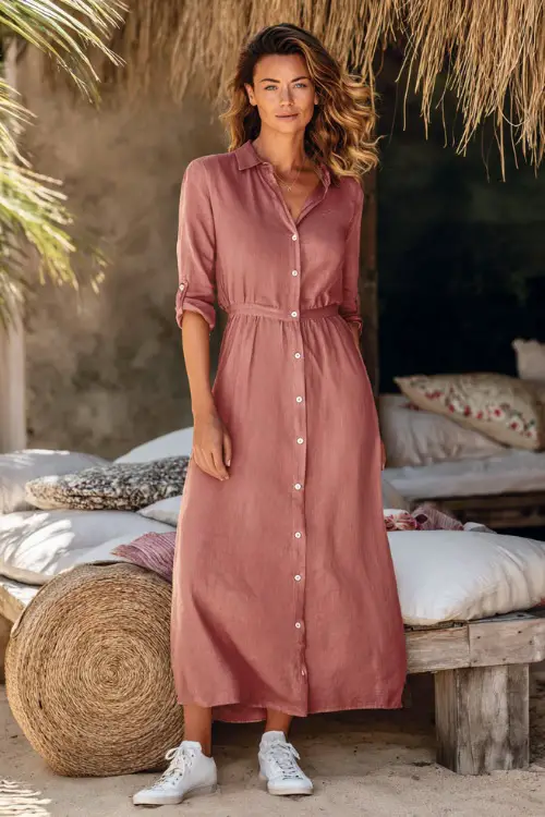 A woman in a dusty rose linen blend dress with a button-down front and white sneakers, standing beside picnic-style seating at a casual summer wedding 