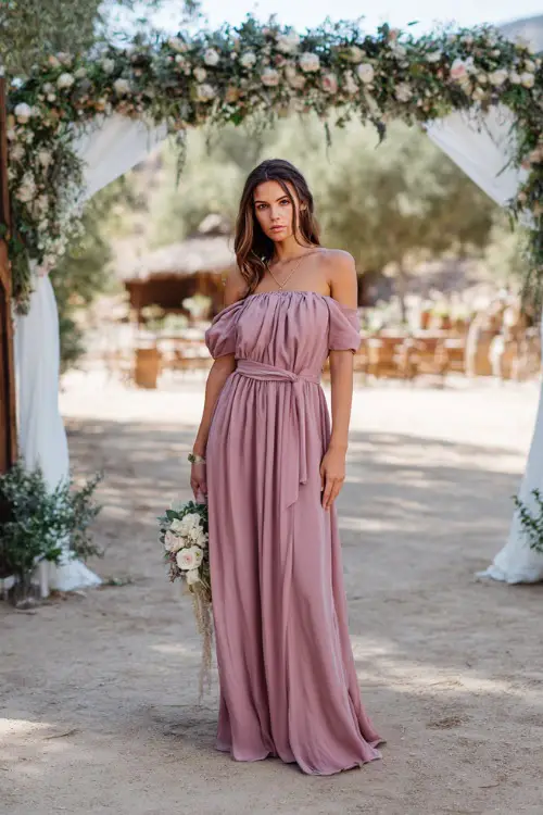 A woman in a dusty rose off-shoulder flowy maxi dress with a delicate waist tie, standing near a white floral arch at a countryside wedding venue 