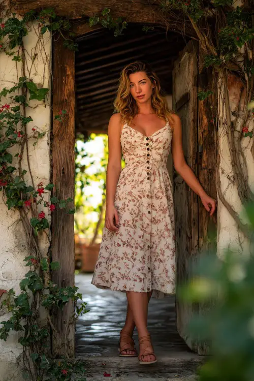 A woman in a floral sleeveless cotton midi dress with buttons down the front and flat sandals, standing under a rustic wooden arch covered in vines and flowers 