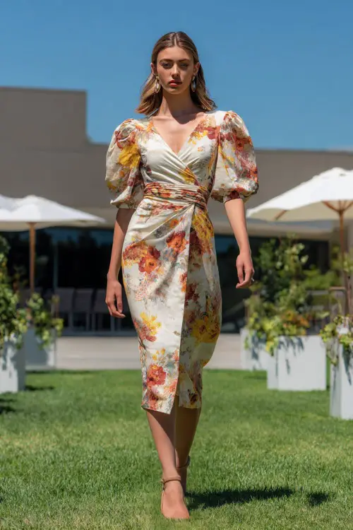 A woman in a floral wrap midi dress with puff sleeves and tan heels, walking across a sunny lawn set up for a modern summer cocktail ceremony 