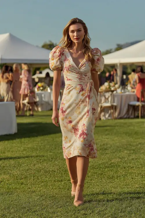 A woman in a floral wrap midi dress with puff sleeves and tan heels, walking across a sunny lawn set up for a modern summer cocktail ceremony 