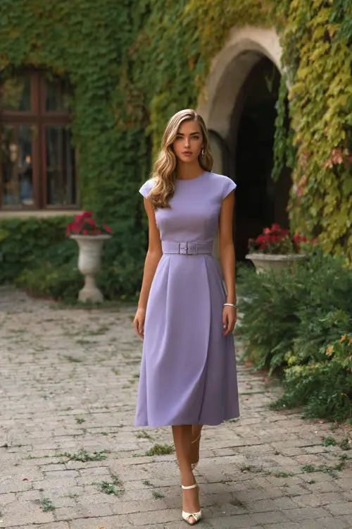 A woman in a lavender belted midi dress with cap sleeves and pearl-embellished heels, walking through an ivy-covered courtyard at a formal summer wedding