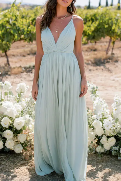 A woman in a light mint green sleeveless flowy dress with a pleated skirt and delicate necklace, standing beside white rose arrangements at a vineyard wedding
