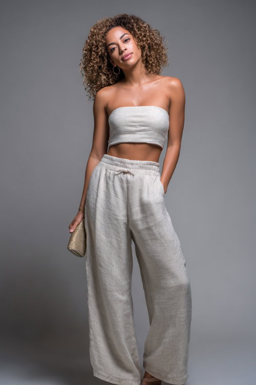 A woman in a lightweight linen two-piece set with a bandeau top and flowy pants, paired with slides and a clutch, styled for a cool downtown vibe 