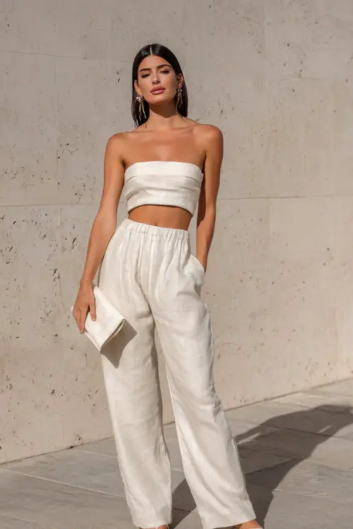 A woman in a lightweight linen two-piece set with a bandeau top and flowy pants, paired with slides and a clutch, styled for a cool downtown vibe 