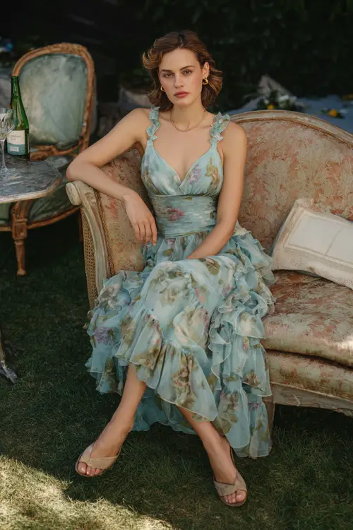 A woman in a pastel blue floral ruffle-hem dress with flat sandals and minimal jewelry, posing near vintage seating at a relaxed garden party wedding
